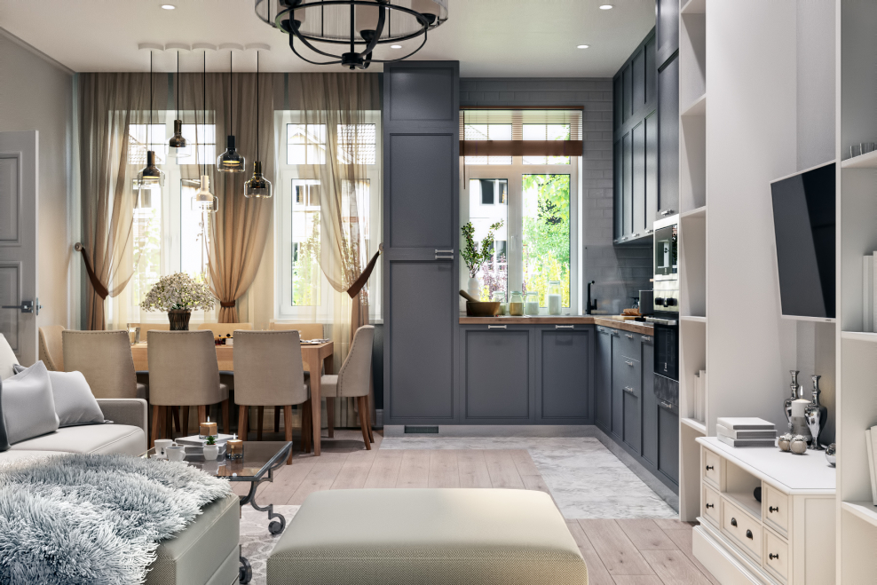 Кухня гостиная Неоклассика Скандинавия