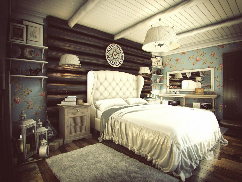 Спальня в Прованс стиле в срубовом доме