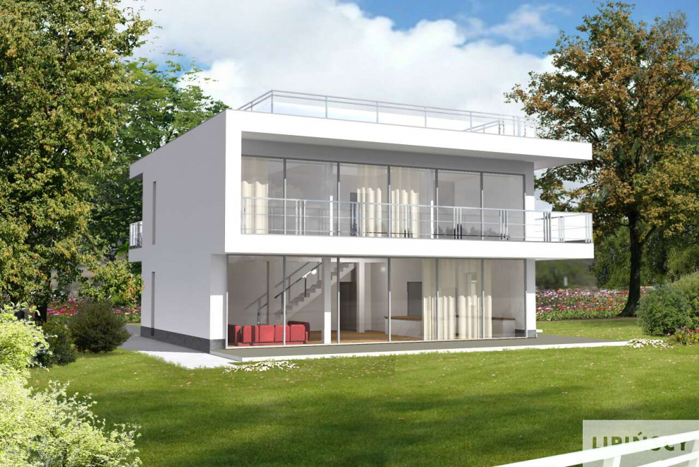 Трехэтажный дом с плоской крышей