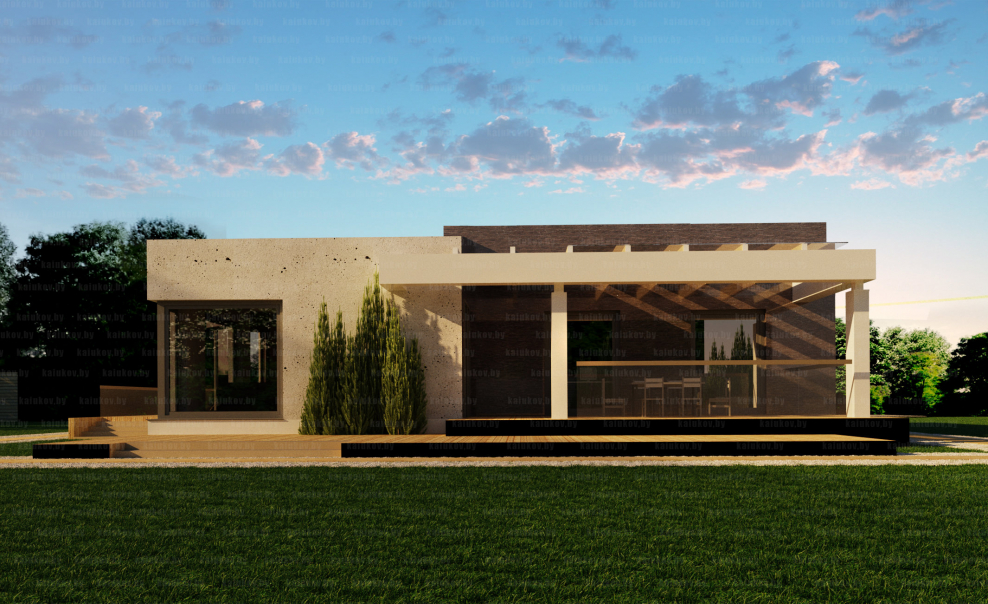 Современный одноэтажный дом с плоской крышей и террасой