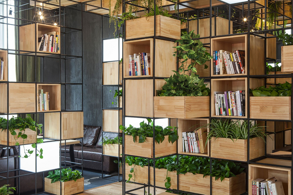 Стеллаж с растениями в интерьере