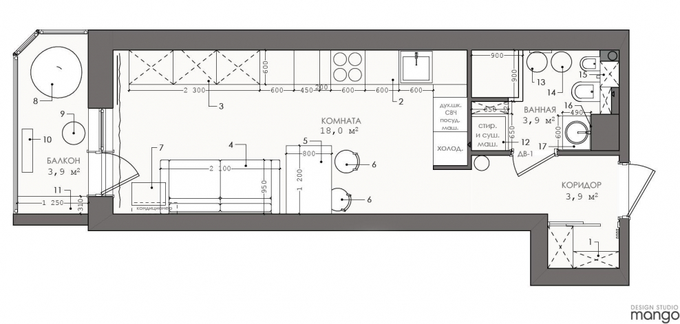 Проект квартиры студии 30 кв.м прямоугольная планировка