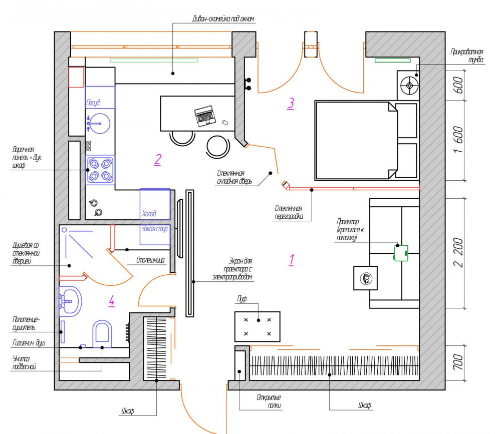 Планировка 1 комнатной квартиры 40 кв.м схема