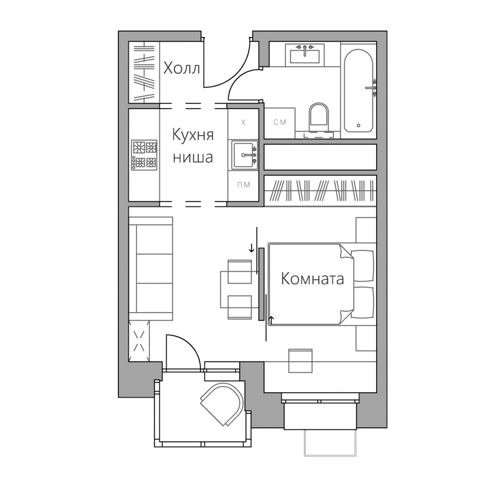 Планировочные решения студии 28 кв.м