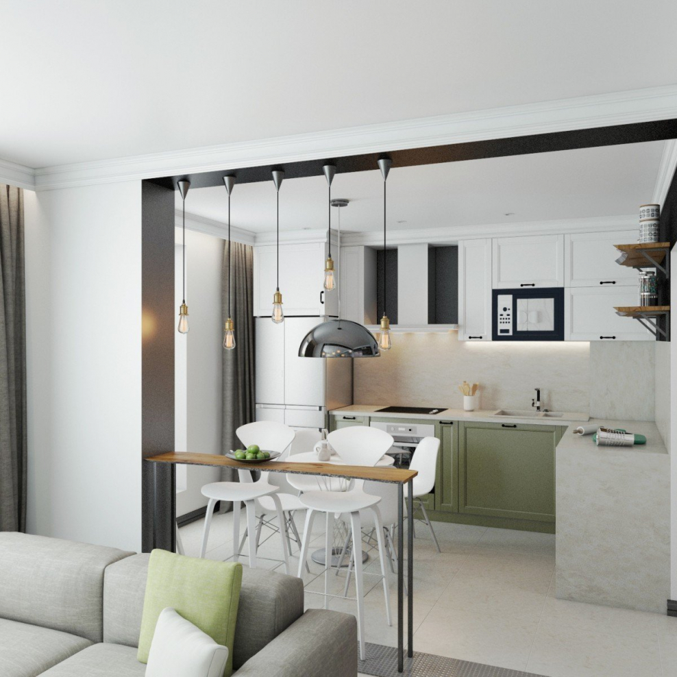 Зонирование кухни в студии 30 кв.м