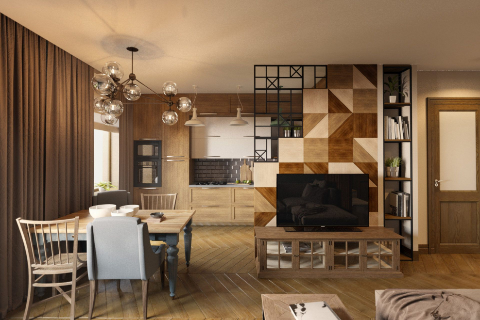 Зонирование кухни и гостиной