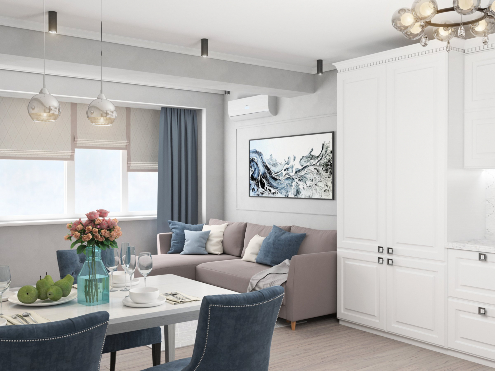 Серо голубая кухня гостиная