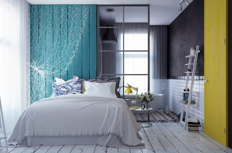Серая спальня с яркими акцентами