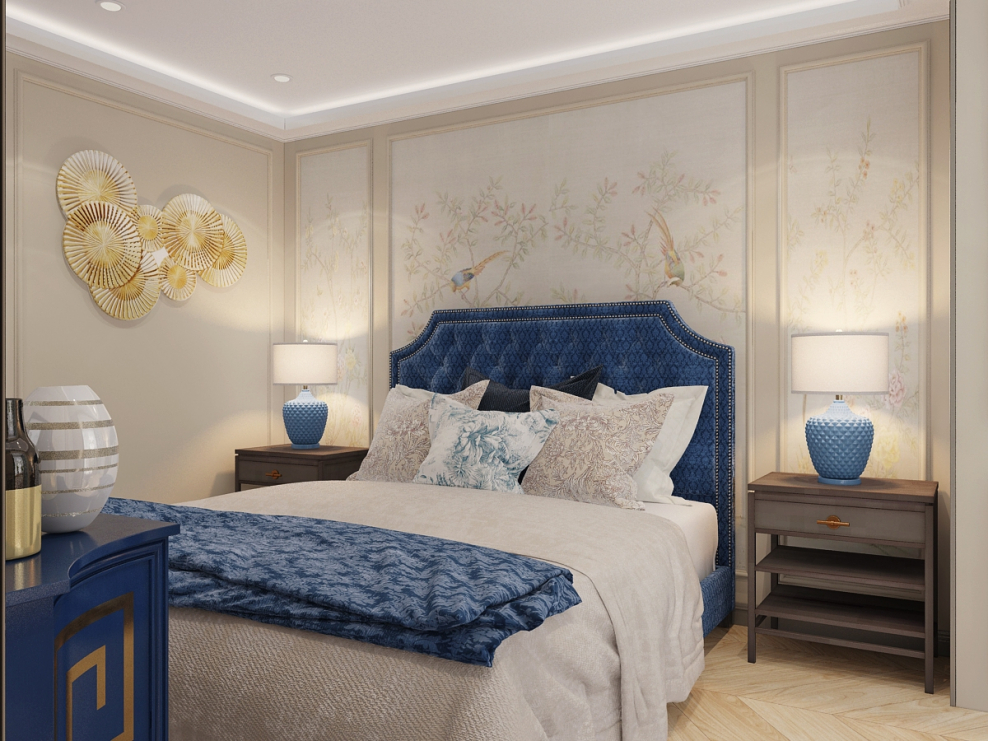 Спальня в сине бежевых тонах