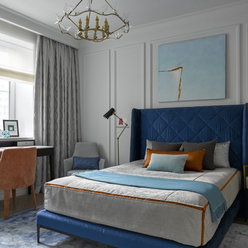 Синяя кровать в современном интерьере