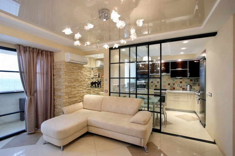 Бежевый натяжной потолок в интерьере