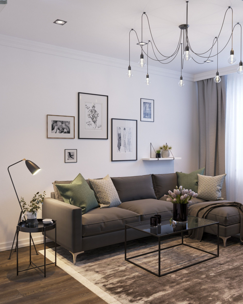 Светло бежевая гостиная серый диван