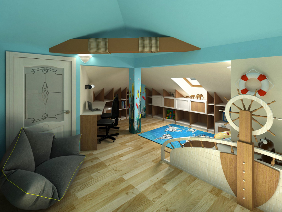 Детская на мансарде в морском стиле
