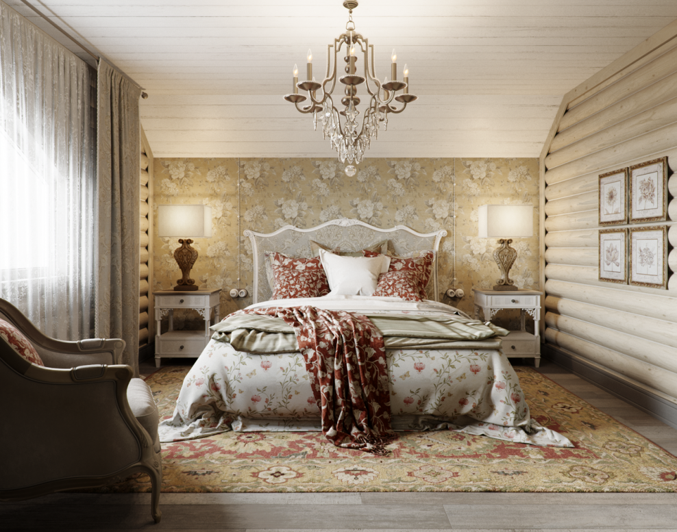 Спальня в Прованс стиле в срубовом доме