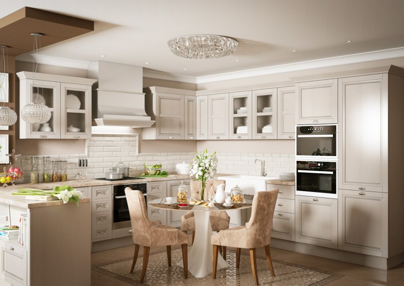 Светлая кухня с темной столешницей