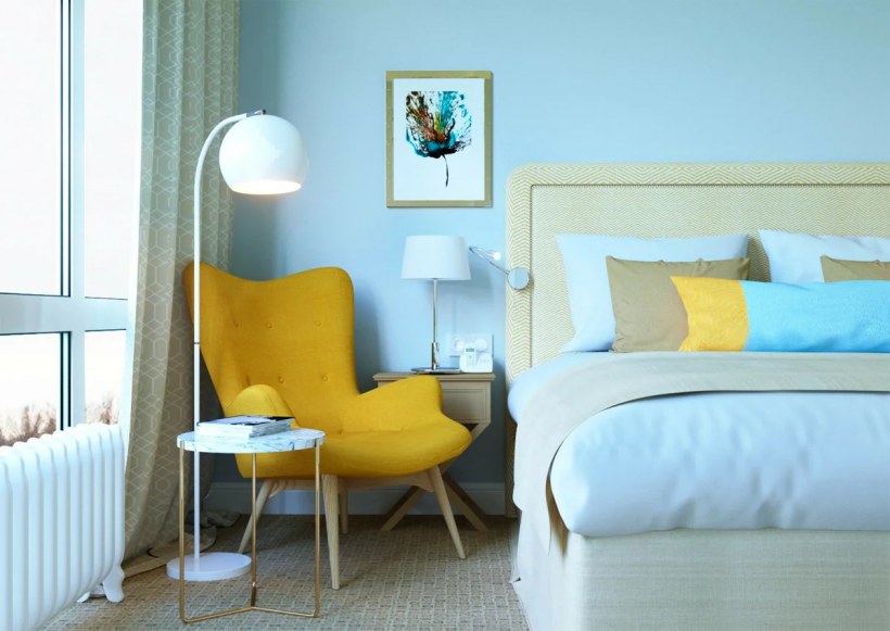 Желтые шторы в интерьере спальни