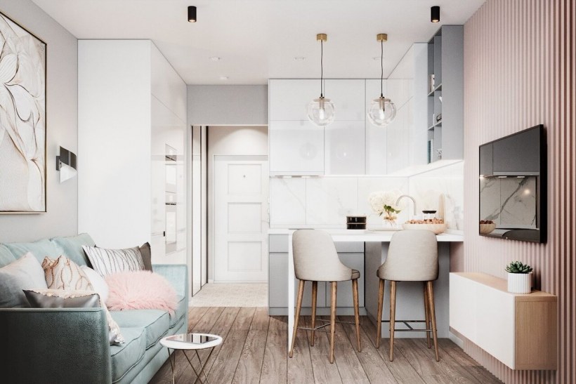 Интерьер студии 22м прямоугольной