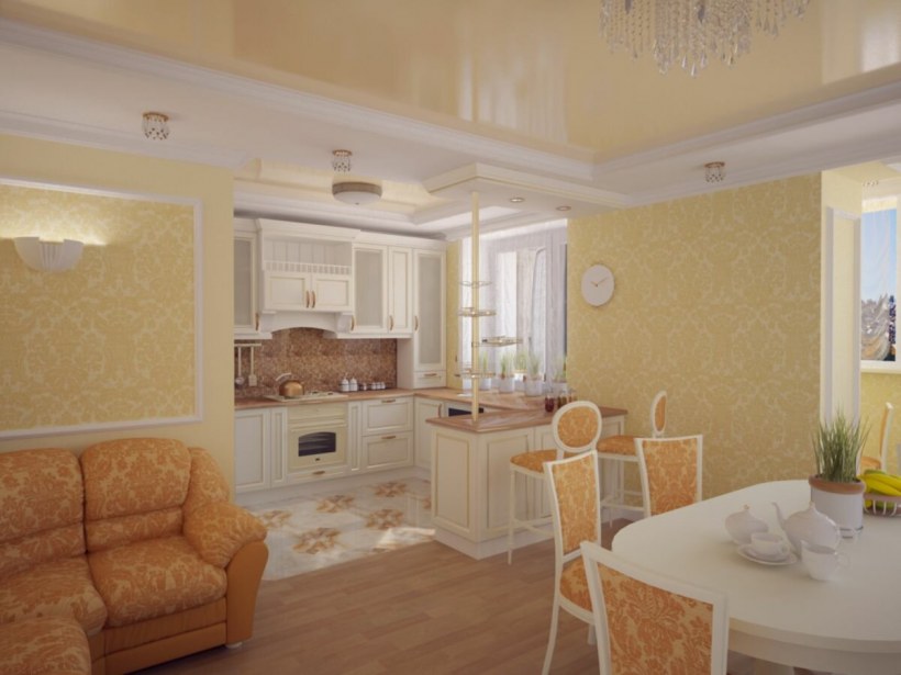 Обои для гостиной совмещенной с кухней