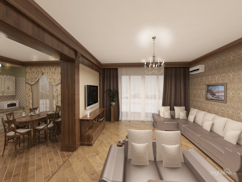 Гостиная совмещенная с кухней и столовой в частном доме