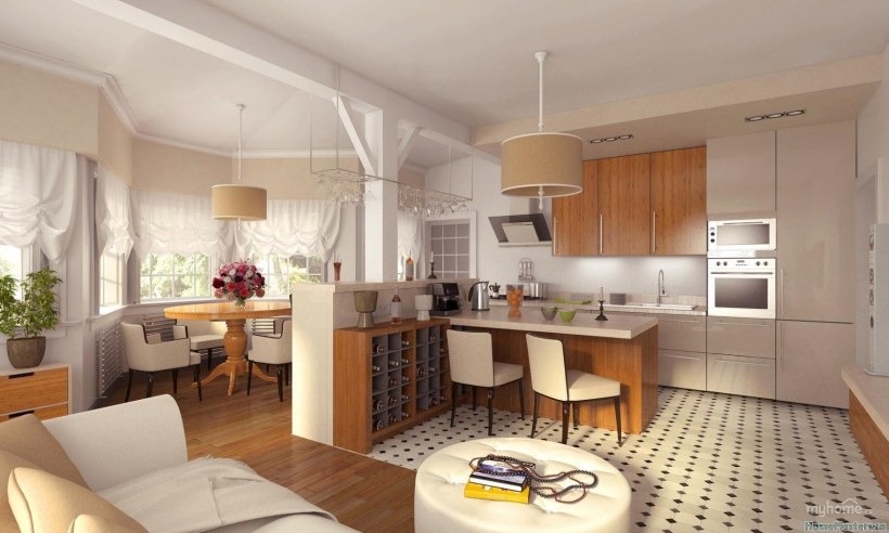 Уютная гостиная совмещенная с кухней