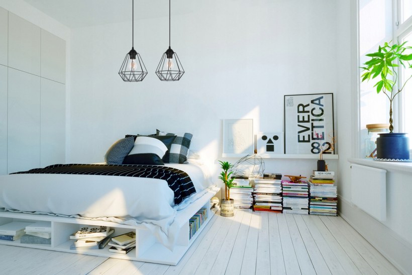 Спальня в скандинавском стиле с разными тумбочками