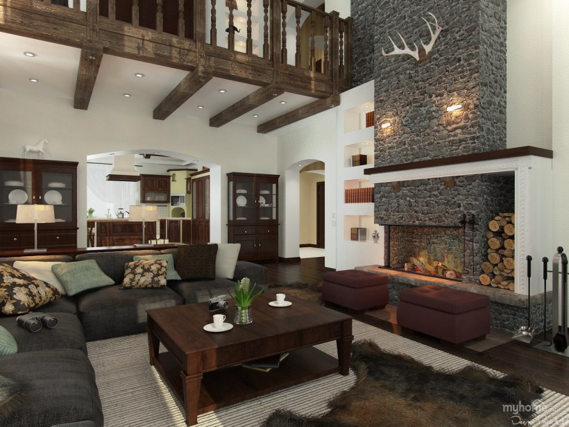 Гостиная с вторым светом в стиле Райта