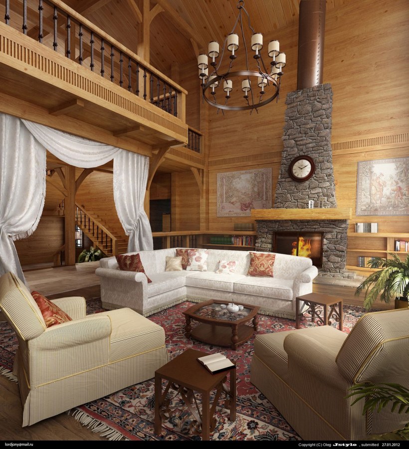Двусветная гостиная в деревянном доме