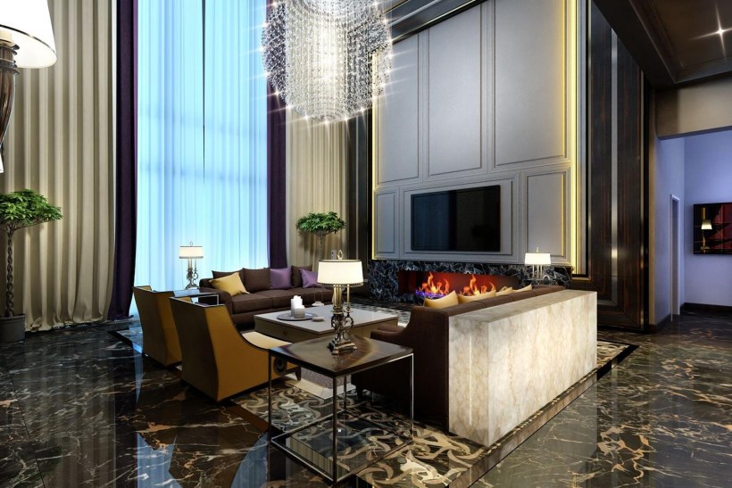 Двусветная гостиная кухня в современном стиле