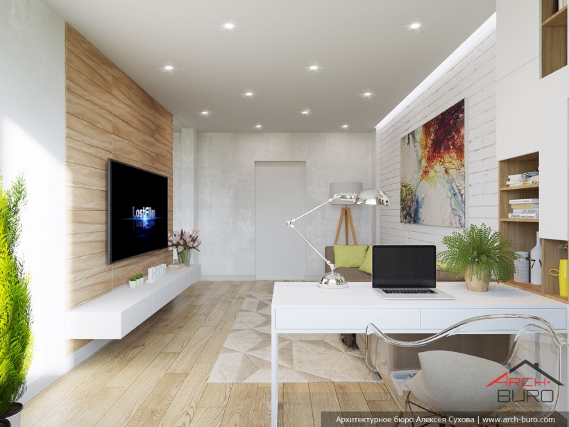 Гостиная в светлых тонах с деревом