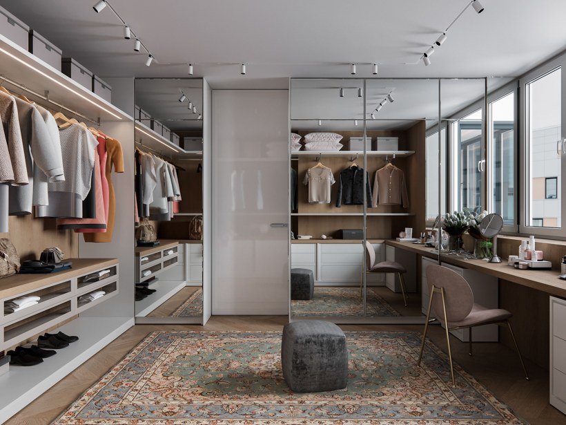 Интерьер гардеробной с окном