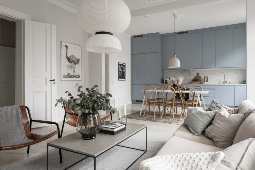 Кухня-гостиная в серо пастельных тонах