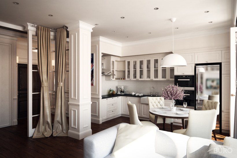 Кухня гостиная американская Неоклассика