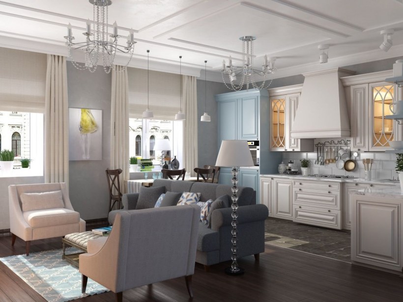 Кухня гостиная американская Неоклассика