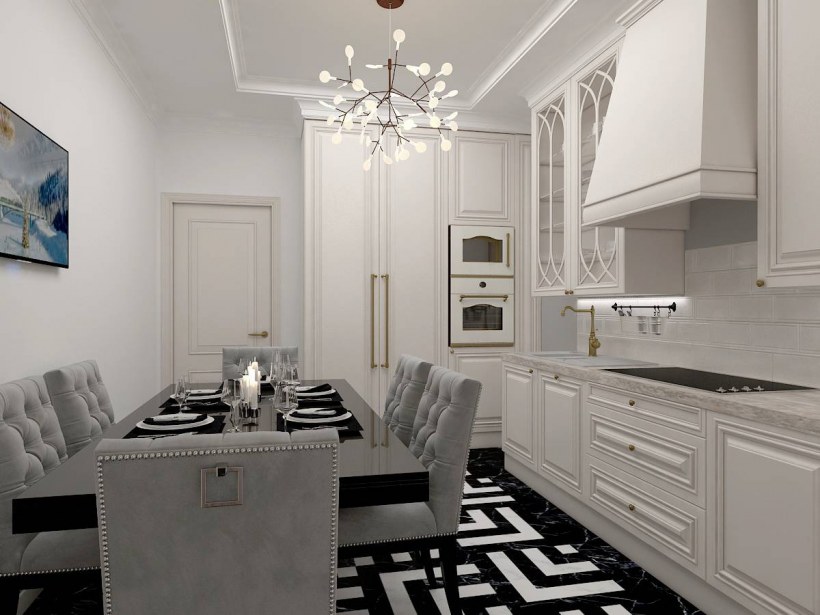 Серо белая кухня в неоклассическом стиле