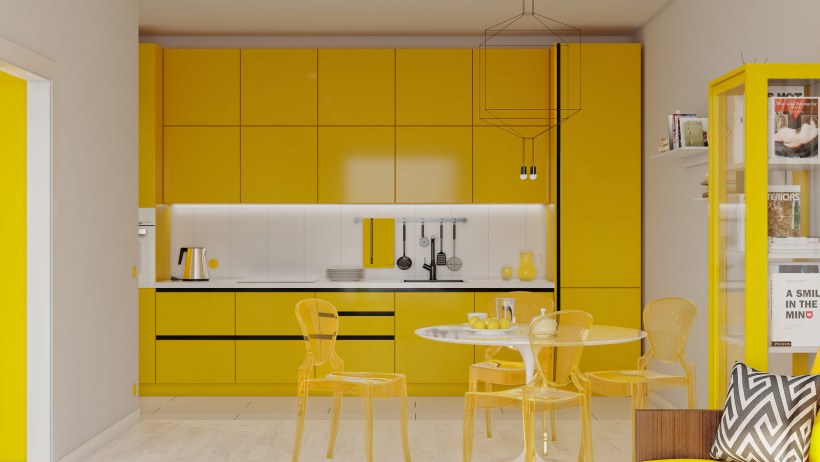 Дизайн кухни в современном стиле в лимонных тонах
