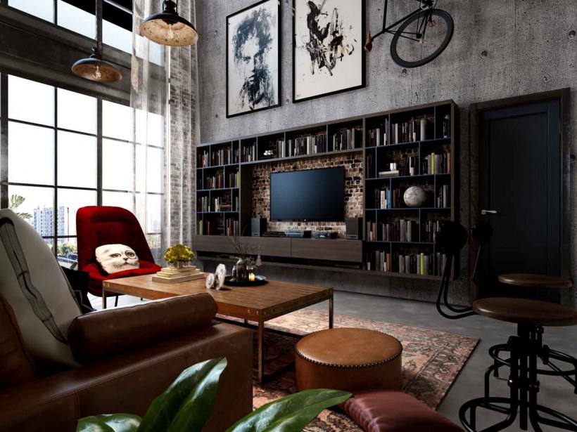 Гостиная лофт Индастриал интерьер