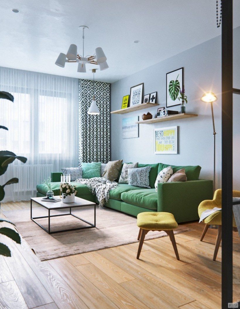 Гостиная в серо зеленых тонах