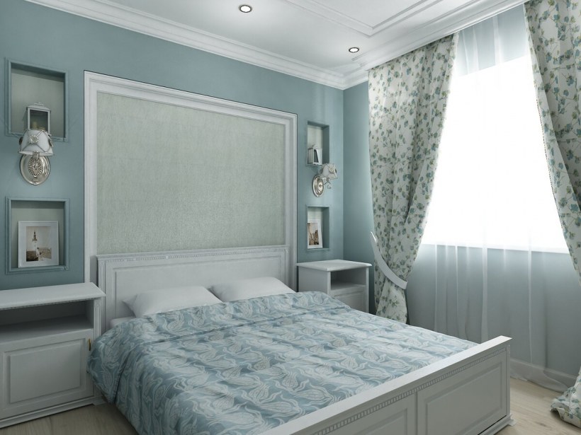 Спальня в голубых и бежевых тонах