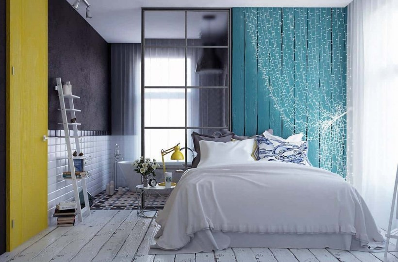 Спальня в голубых и бежевых тонах