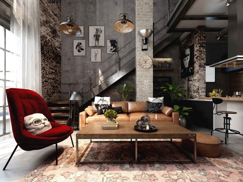 Индустриальный стиль Индастриал интерьер гостиная