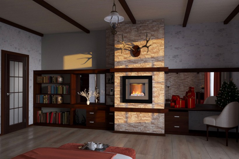 Интерьер японский стиль с камином