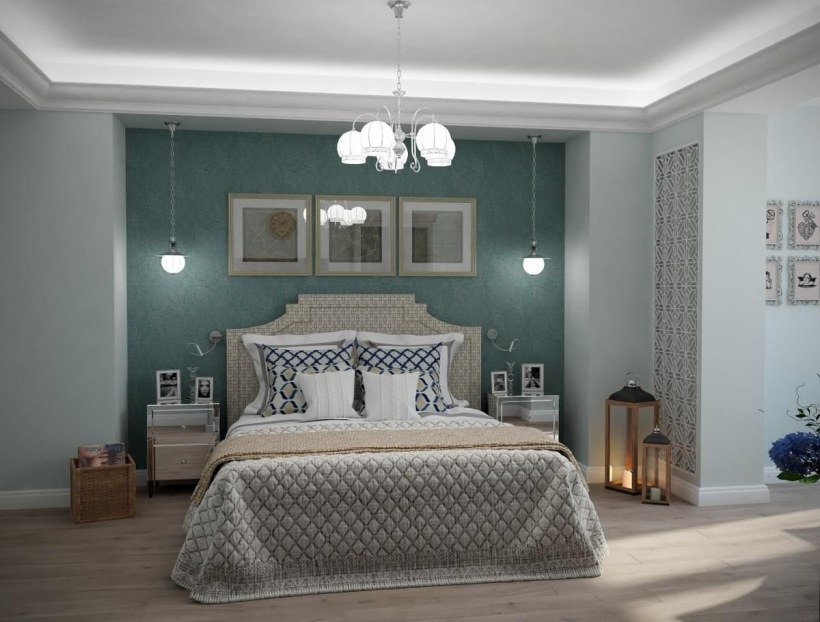 Спальня в неоклассическом стиле с зелеными стенами