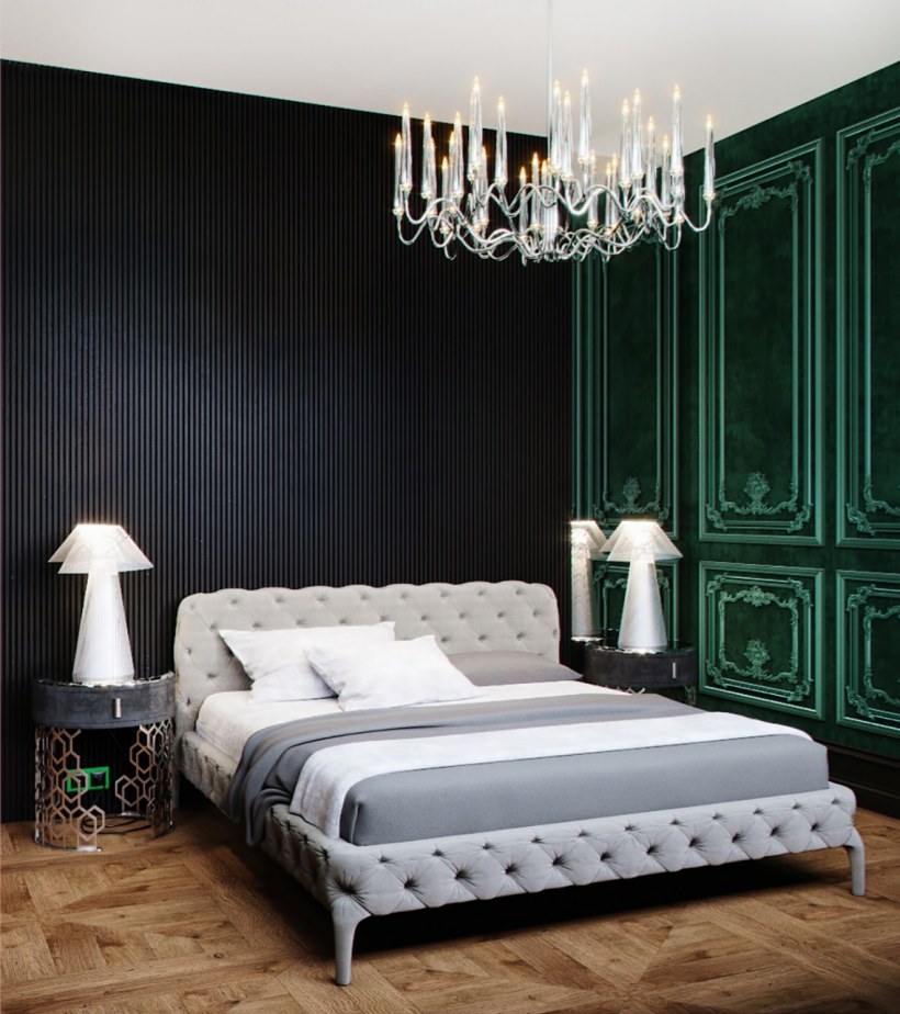 Спальня в изумрудном цвете с белой мебелью