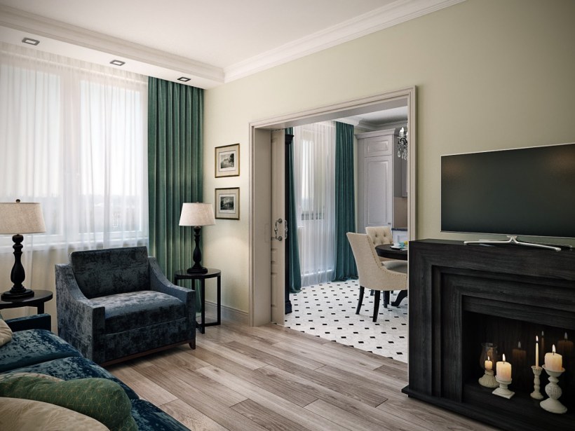 Неоклассика в интерьере гостиной изумрудный