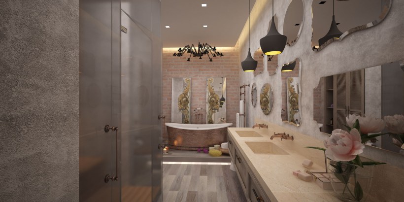 Интерьер ванной комнаты штукатурка и плитка