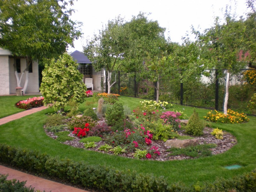 Планировка сада с деревьями и кустами