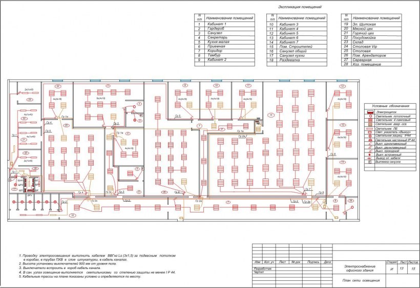Схема электропроводки освещения в офисных помещениях