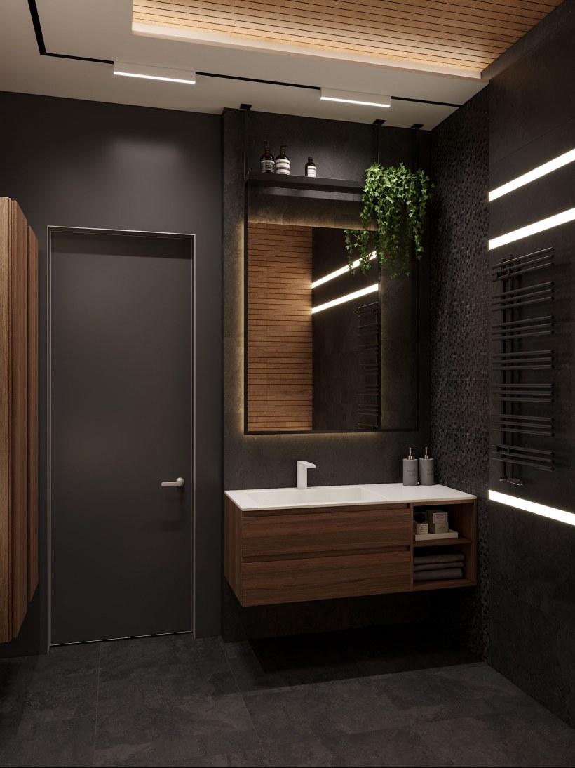 Интерьер ванной комнаты в темных тонах