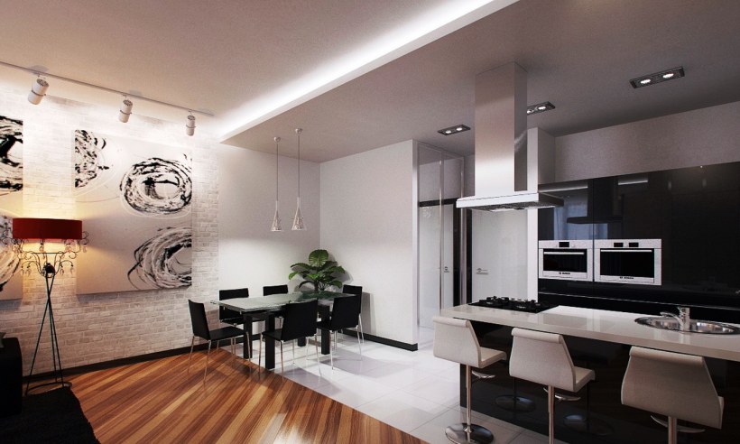 Зонирование кухни и гостиной плиткой и ламинатом