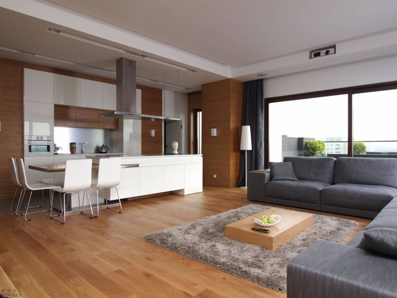 Кухня гостиная с большими окнами